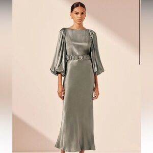 Shona Joy La Lune Balloon Sleeve Midi Dress With Belt-Sage